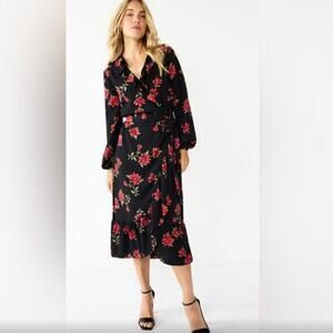 DRAPER JAMES RSVP Floral Long Sleeve Ruffle Wrap Midi Dress SZ LG